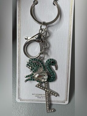 Crystal-Embellished Green Flamingo Keychain purse charm crystals zoo animal love